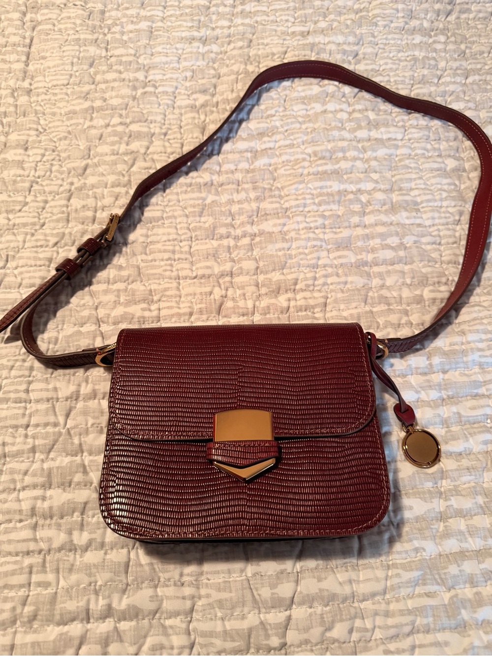 Fossil Wine Red Textured Crossbody Bag with Gold Accents